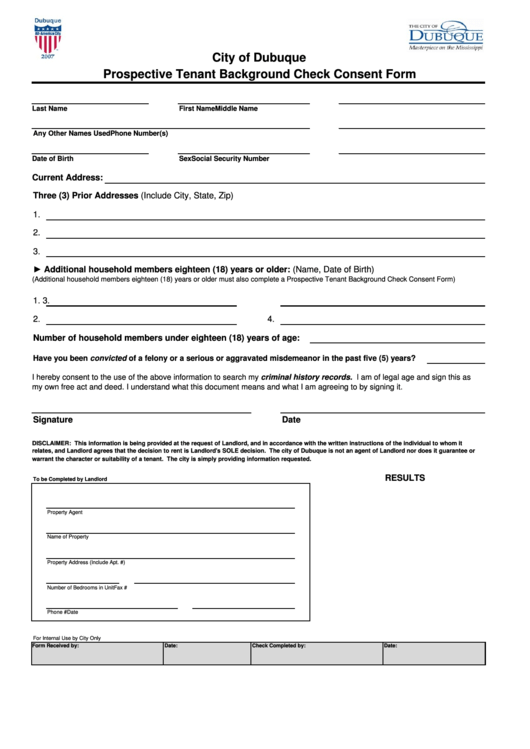 Fillable City Of Dubuque Prospective Tenant Background Check Consent Form Printable pdf