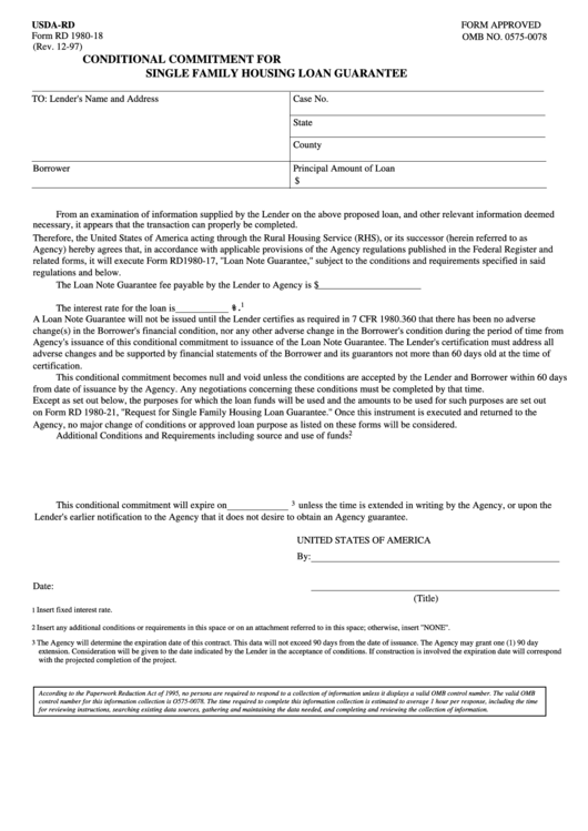 Fillable Usda-Rd - Conditional Commitment For Single Family Housing Loan Guarantee Printable pdf