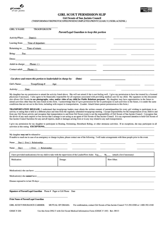 Fillable F-204 Girl Scout Permission Slip - Girl Scouts Of San Jacinto Printable pdf
