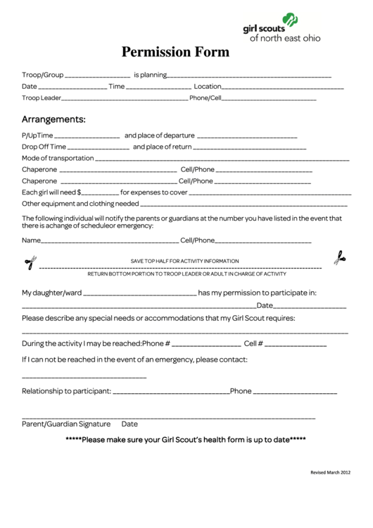 Fillable Permission Form - Girl Scouts Of North East Ohio Printable pdf