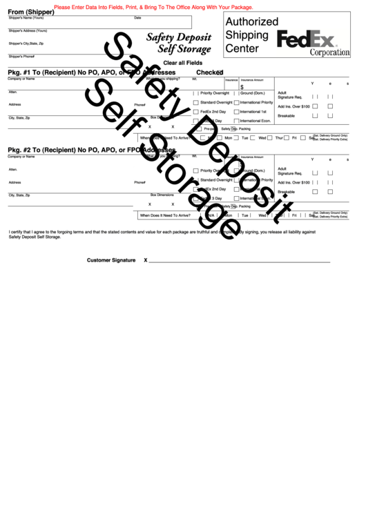 Fillable Fedex Shipping Form - Safety Deposit Self Storage Printable pdf