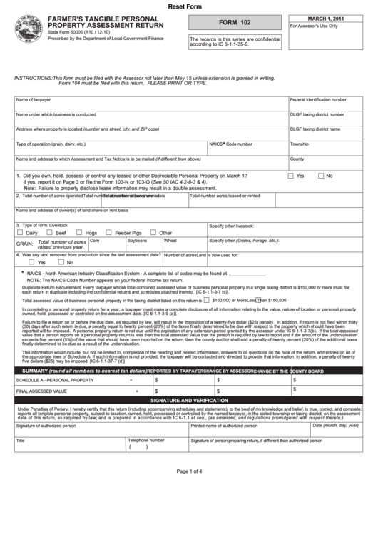 Fillable Form 102 - Farmers Tangible Personal Property Assessment Return - 2011 Printable pdf