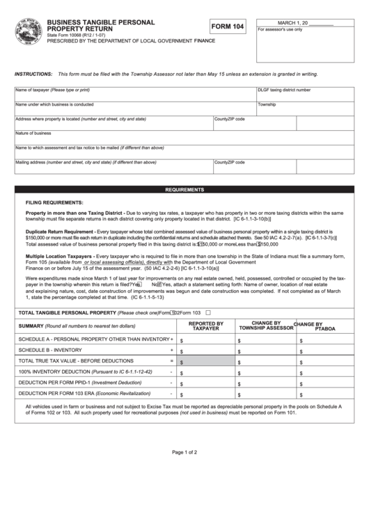 Form 104 - Business Tangible Personal Property Return (2007) Printable pdf