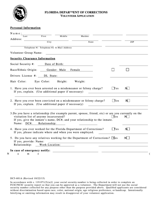 Fillable Form Dc5-601a - 2015 Volunteer Application Form Printable pdf