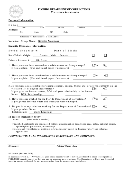 Fillable Form Dc5-601a - 2008 Volunteer Application Form Printable pdf