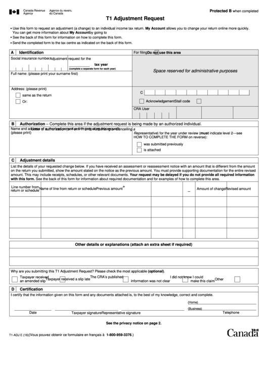 T1 Adjustment Request Form Printable pdf