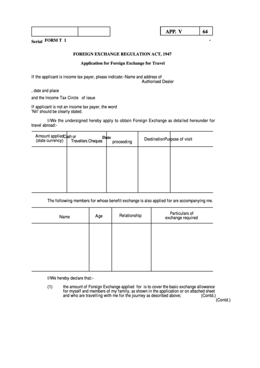 T-1, Application For Foreign Exchange For Travel printable pdf download