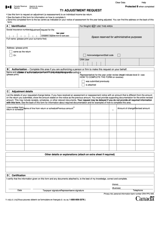 Fillable 2015 T1 Adjustment Request Form Printable pdf