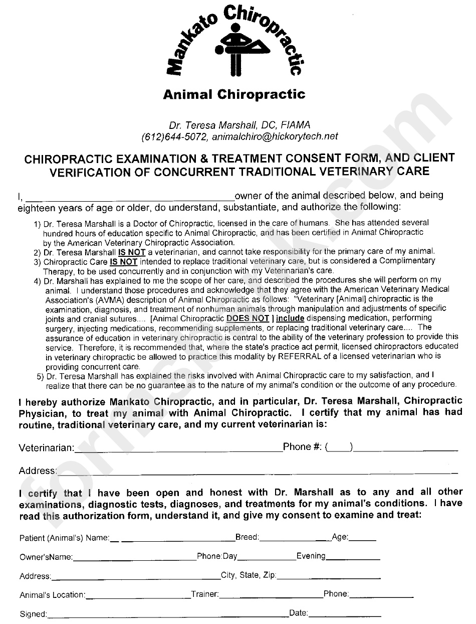 Chiropractic Examination And Treatment Consent Form printable pdf download