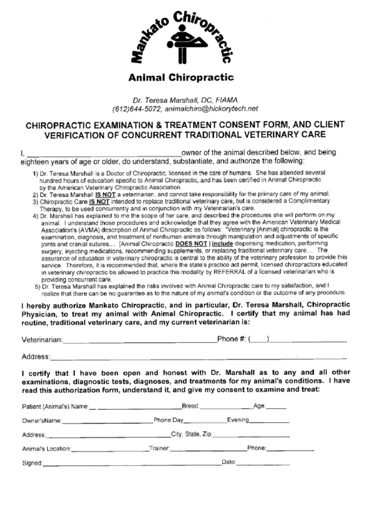 Chiropractic Examination And Treatment Consent Form Printable pdf