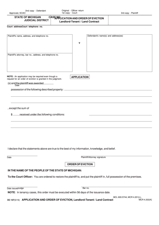 Fillable Application And Order Of Eviction Form Printable pdf