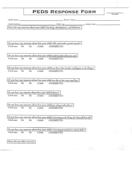 Peds Response Form Printable pdf