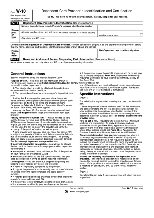 Form W-10 - Dependent Care Provider