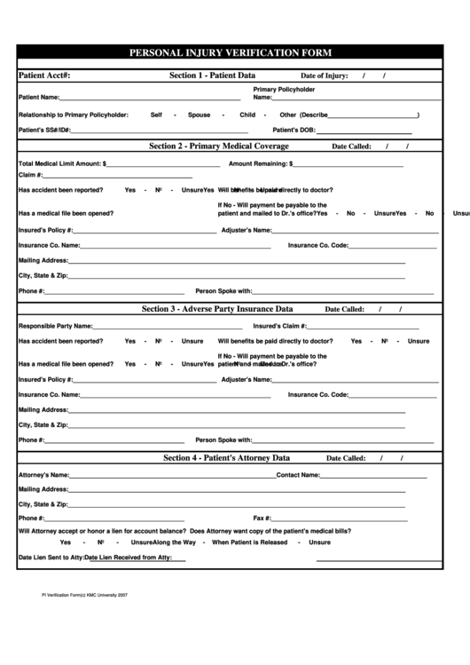Personal Injury Verification Form Printable pdf