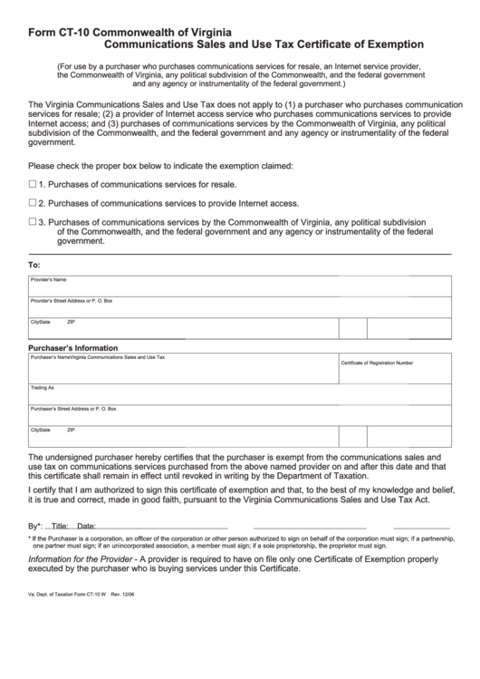 Fillable Form Ct-20 - Communications Sales And Use Tax Certifcate Of Exemption Printable pdf