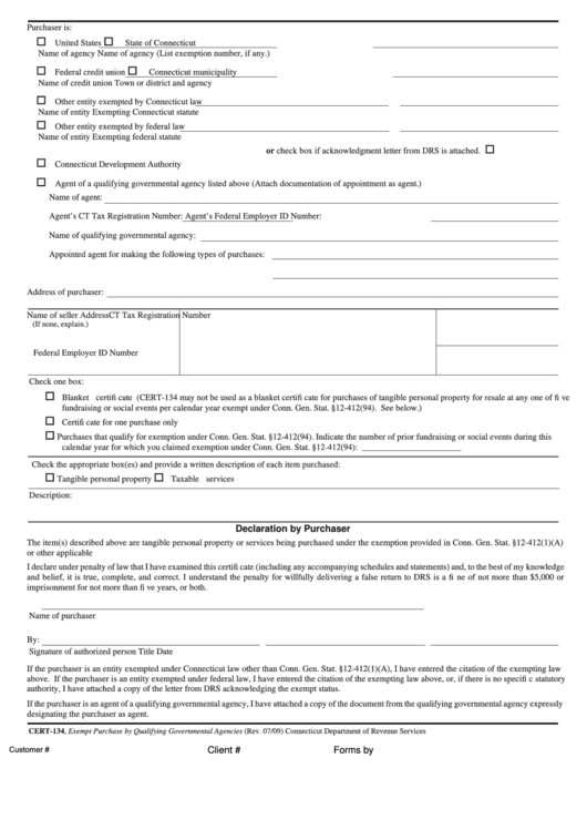 Fillable Cert-134, Exempt Purchase By Qualifying Governmental Agencies Printable pdf