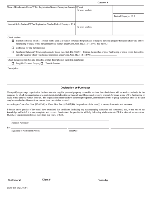 Fillable Cert-119, Connecticut Tax Exempt Form Printable pdf