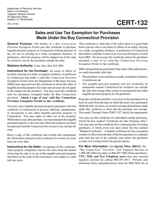 Cert-132, Sales And Use Tax Exemption For Purchases Made Under The Buy Connecticut Provision Printable pdf