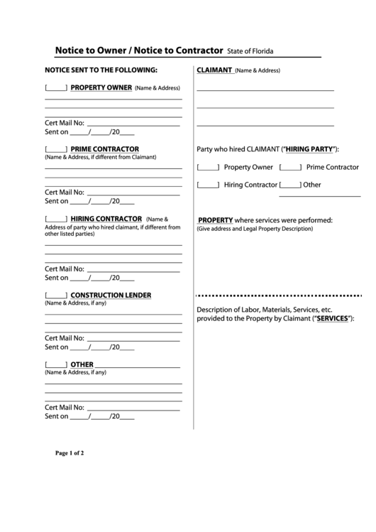 Notice To Owner / Notice To Contractor Form Printable pdf