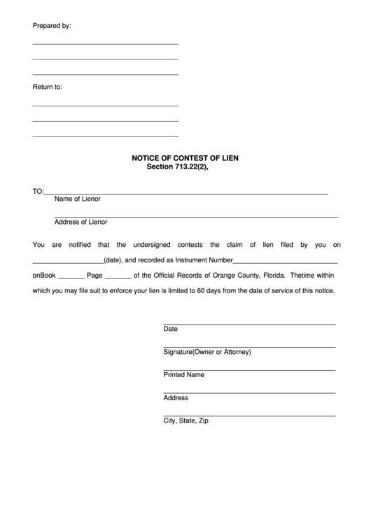 Fillable Notice Of Contest Of Lien Printable pdf