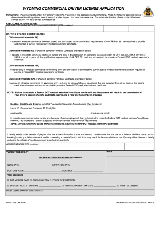 Fillable Form Fscdl70 - Wyoming Commercial Driver License Application Printable pdf