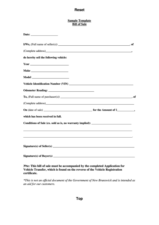 Fillable Sample Bill Of Sale Template (Fillable) Printable pdf