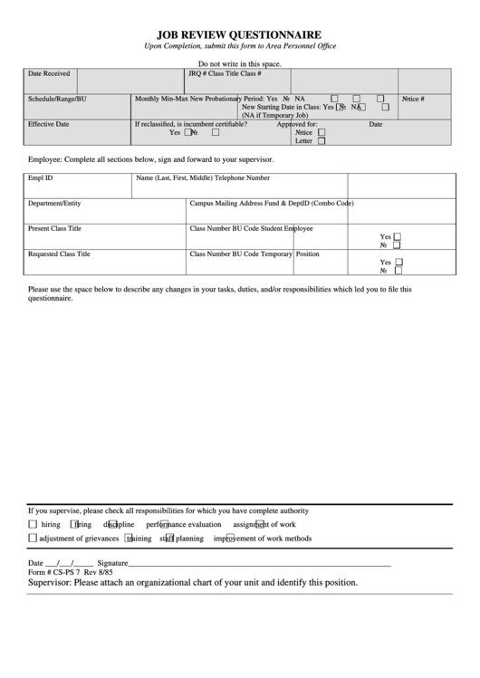 Fillable Job Review Questionnaire Printable pdf