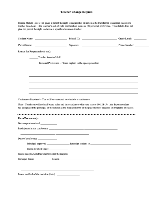 Fillable Teacher Change Request Form Printable pdf