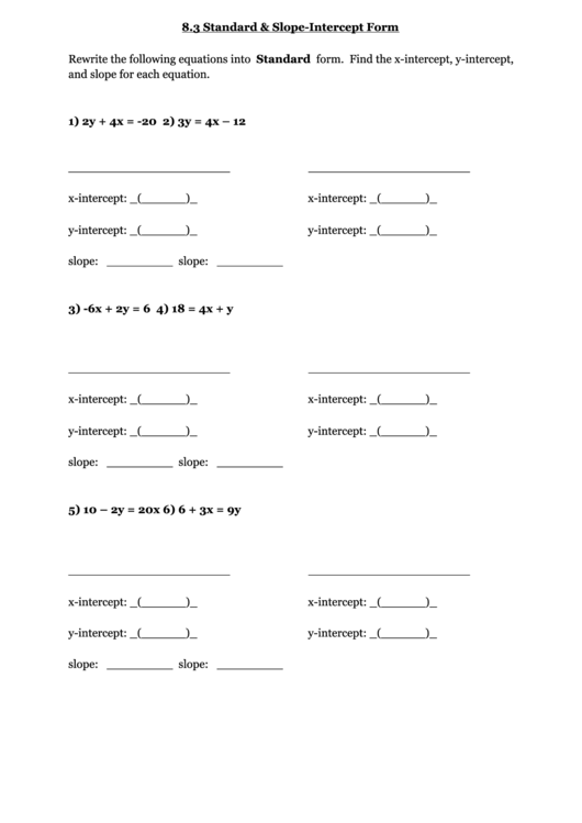 Standard Slope-Intercept Form Printable pdf
