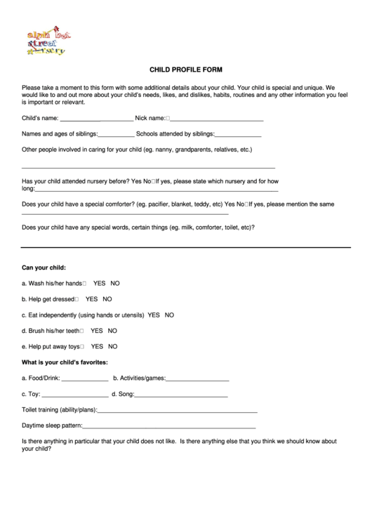 Child Profile Form Printable pdf