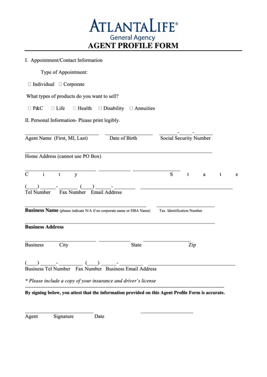 Agent Profile Form Printable pdf