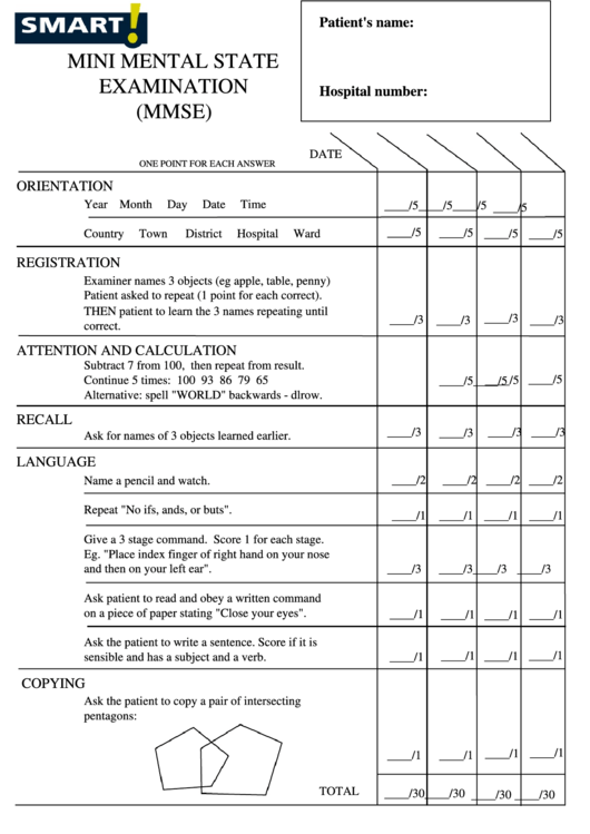 Mini Mental State Examination (Mmse) Form Printable pdf