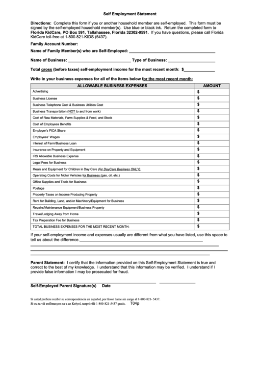 Self Employment Statement Form Printable pdf