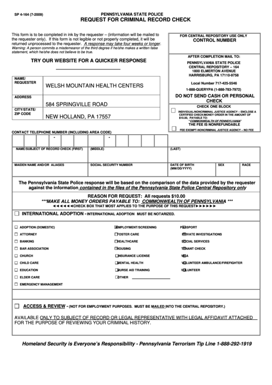 Form Sp 4-164 - Pennsylvania State Police Request For Criminal Record Check