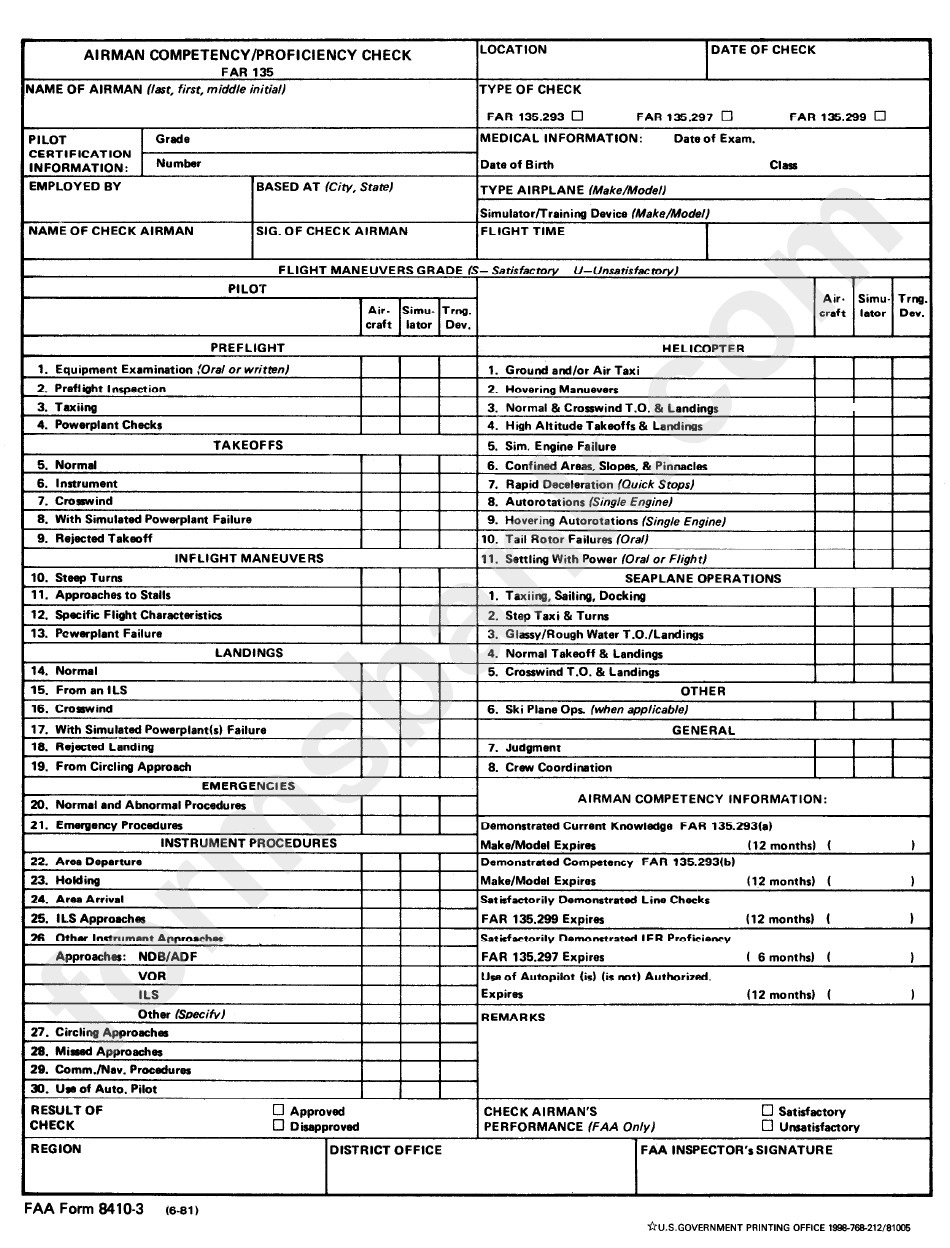 Faa Form 8410-3 - Airman Competency/proficiency Check Far 135