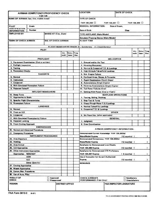 Faa Form 8410-3 - Airman Competency/proficiency Check Far 135 Printable pdf