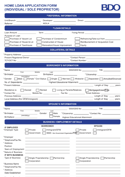 Home Loan Application Form (Individual/sole Proprietor) Printable pdf