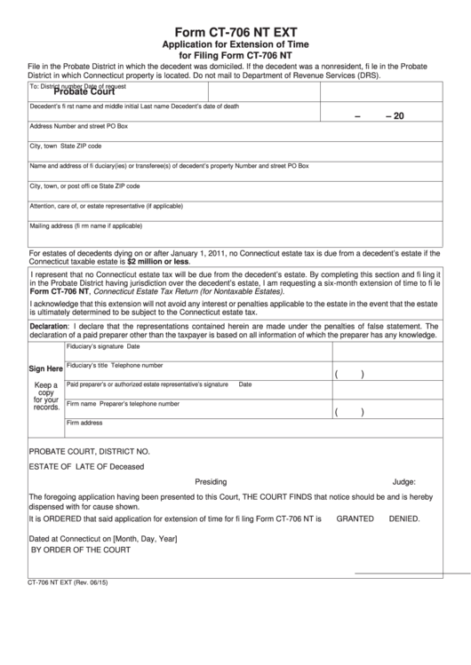 Form Ct-706 Nt Ext - Application For Extension Of Time For Filing Form Ct-706 Nt Printable pdf