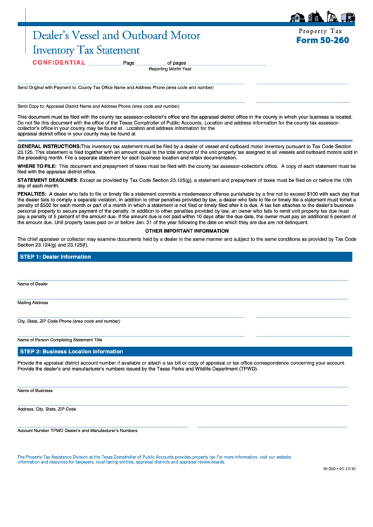 Fillable 50260, Dealers Vessel And Motor Inventory Tax Statement printable pdf download