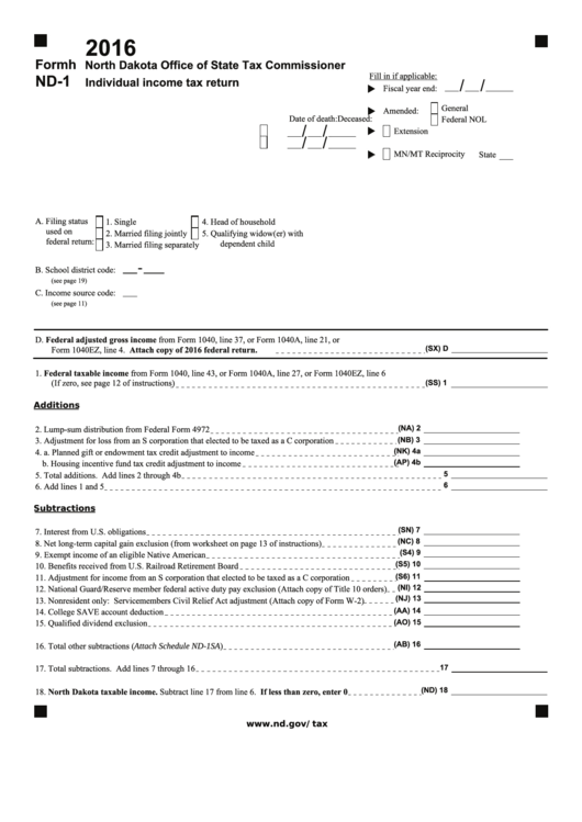 Fillable Form Nd-1 - Individual Income Tax Return - 2016 Printable pdf
