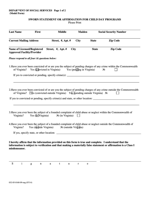 Sworn Statement Or Affirmation For Child Day Programs - Virginia Department Of Social Services Printable pdf