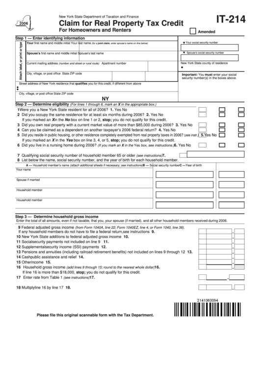 Form It-214 - Claim For Real Property Tax Credit - New York