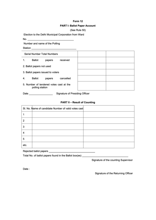 Form 12 Part I - Ballot Paper Account Printable pdf