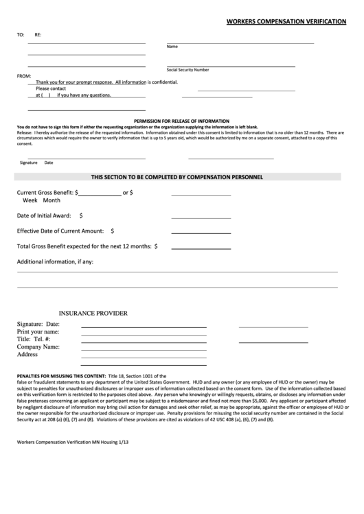 Workers Compensation Verification Form - 2013 Printable pdf