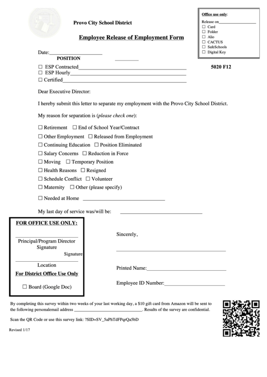 Employee Release Of Employment Form - Provo City School District
