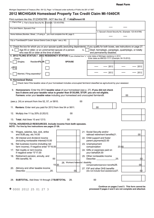 Fillable 2012 Michigan Homestead Property Tax Credit Claim Mi-1040cr Printable pdf