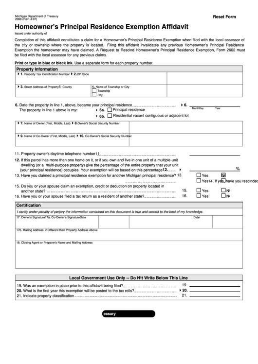 Form 2368 - Homeowner's Principal Residence Exemption Affidavit - 2007