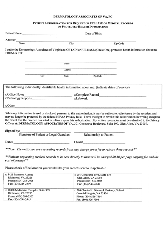 Medical Records Release Form - Dermatology Associates Of Va, Pc Printable pdf