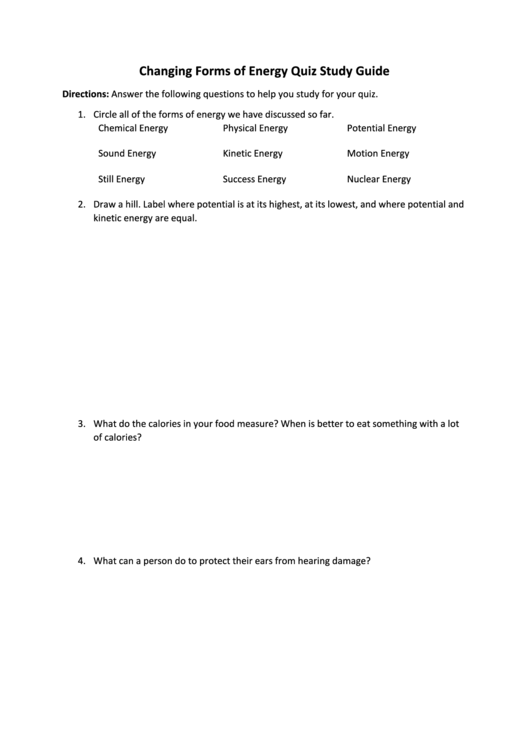 Changing Forms Of Energy Quiz Study Guide