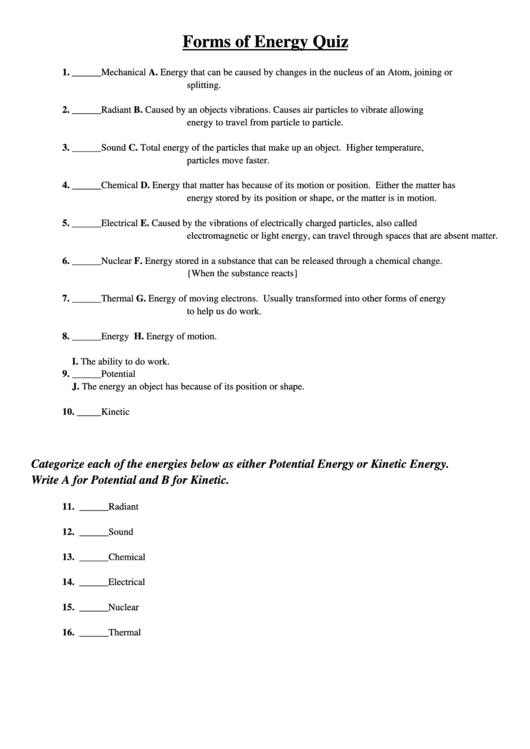 Forms Of Energy Quiz Printable pdf